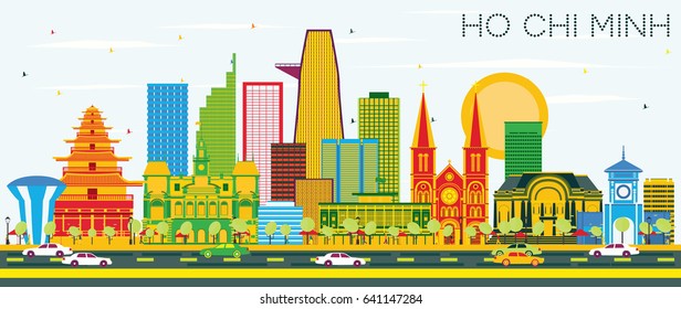 Ho Chi Minh Skyline with Color Buildings and Blue Sky. Vector Illustration. Business Travel and Tourism Concept with Modern Buildings. Image for Presentation Banner Placard and Web Site.