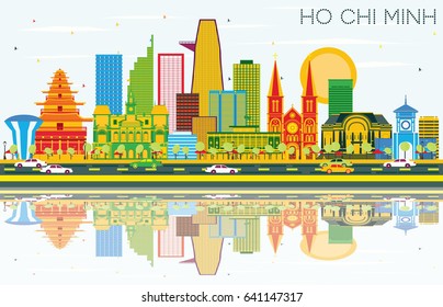 Ho Chi Minh Skyline with Color Buildings, Blue Sky and Reflections. Vector Illustration. Business Travel and Tourism Concept with Modern Buildings. Image for Presentation Banner Placard and Web Site.