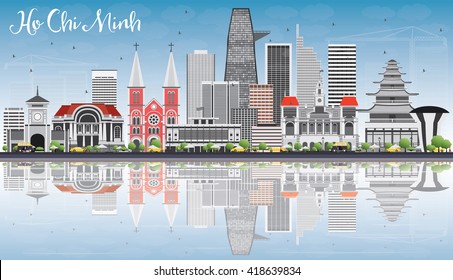 Ho Chi Minh Skyline with Gray Buildings, Blue Sky and Reflections. Vector Illustration. Business Travel and Tourism Concept with Modern Buildings. Image for Presentation Banner Placard and Web Site.