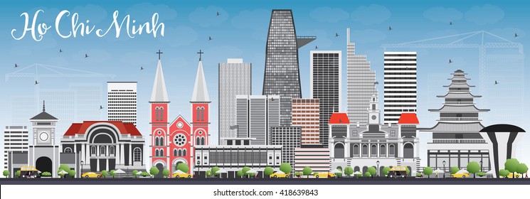 Ho Chi Minh Skyline with Gray Buildings and Blue Sky. Vector Illustration. Business Travel and Tourism Concept with Modern Buildings. Image for Presentation Banner Placard and Web Site.