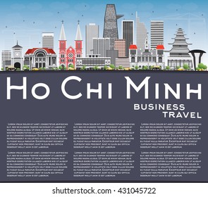 Ho Chi Minh Skyline with Gray Buildings and Copy Space. Vector Illustration. Business Travel and Tourism Concept with Modern Buildings. Image for Presentation Banner Placard and Web Site.