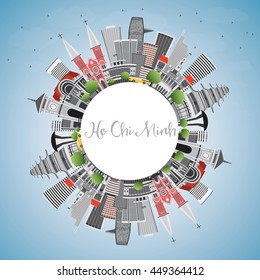 Ho Chi Minh Skyline with Gray Buildings and Copy Space. Vector Illustration. Business Travel and Tourism Concept with Modern Buildings. Image for Presentation Banner Placard and Web Site.