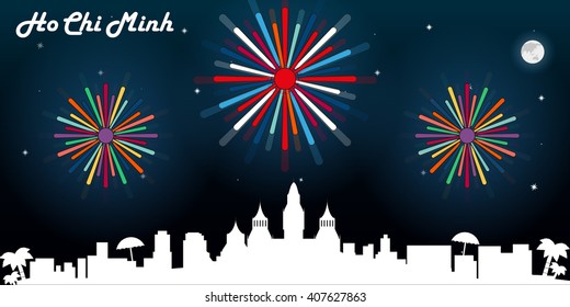 Ho Chi Minh skyline silhouette, dark night sky with fireworks vector design