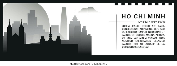 Ho Chi Minh skyline vector banner, black and white minimalistic cityscape silhouette. Vietnam city horizontal graphic, travel infographic, monochrome layout for website