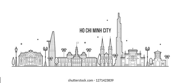 Ho Chi Minh skyline, Vietnam. This illustration represents the city with its most notable buildings. Vector is fully editable, every object is holistic and movable