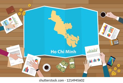 ho chi minh vietnam city region economy growth with team discuss on fold maps view from top vector illustration