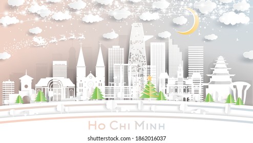 Ho Chi Minh Vietnam City Skyline in Paper Cut Style with Snowflakes, Moon and Neon Garland. Vector Illustration. Christmas and New Year Concept. Santa Claus on Sleigh.