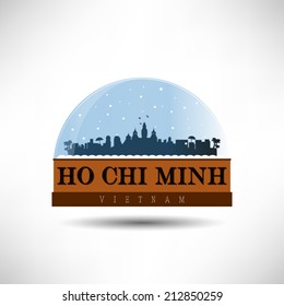 Ho Chi Minh Vietnam, city skyline silhouette in snow globe. Vector design.