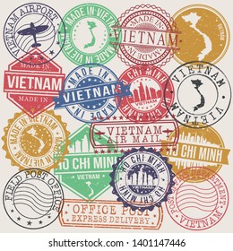 Ho Chi Minh Vietnam Set of Stamps. Travel Stamp. Made In Product. Design Seals Old Style Insignia.