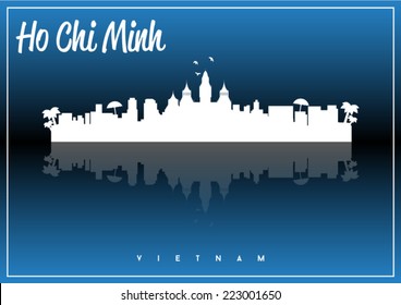 Ho Chi Minh, Vietnam, skyline silhouette vector design on parliament blue and black background. 