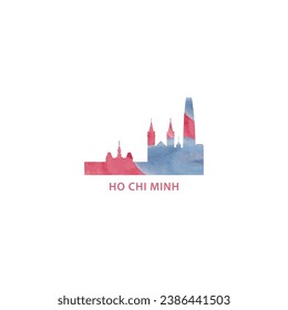 Ho Chi Minh watercolor cityscape skyline city panorama vector flat modern logo, icon. Vietnam megapolis emblem concept with landmarks and building silhouettes. Isolated graphic