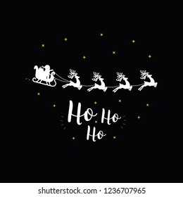 Ho Ho Ho christmas greeting text gold santa sleigh black background