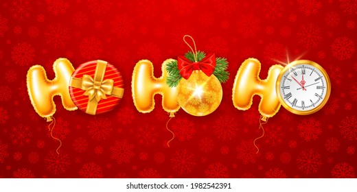 Ho ho ho Christmas text made from golden foiled balloons, round gift box, christmas decor and clock which shows midnight. Red background with snowflakes pattern. Saying hohoho. Vector illustration.