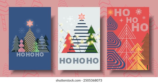 Ho Ho Ho Christmas tree greeting flat design card, modern design typography invite posters, template, Layout three set 