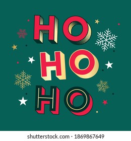 HO HO HO Christmas Typography Banner Design Vector. Creative Christmas Festive Text with Snowflakes and Stars Background. 