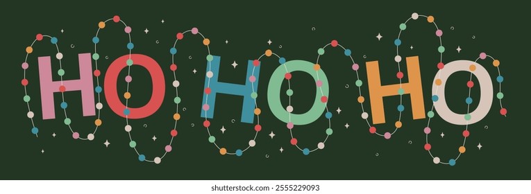 Ho Ho Ho Christmas typography design background. Festive Christmas text braided with glowing garland, stars, snow. Hand drawn holiday design for print, poster, banner, card, web, advertising