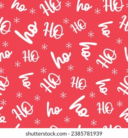 Ho Ho Ho Christmas vector card with seamless pattern on red background. Vector.