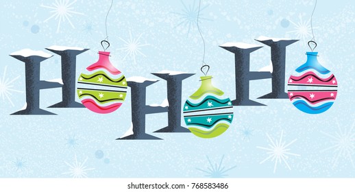 Ho Ho Ho with Colorful Retro Christmas ornaments and snowy background; Retro style inspired by mid-century modern illustration