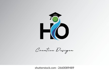 Logotipo de la carta creativa de HO con la tapa de la graduación y el humano Abstractas – Educación moderna y diseño del símbolo del aprendizaje	