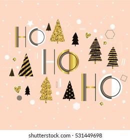 Ho ho ho. Cute Christmas illustration with golden Christmas trees. Card in scandinavian style.