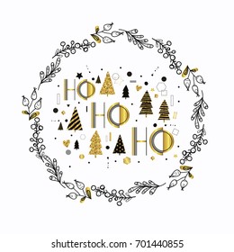 Ho ho ho. Cute Christmas illustration with golden Christmas trees. Card in scandinavian style. Floral wreath