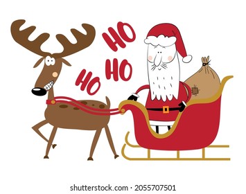 Ho Ho Ho - cute funny reindeer with Santa Claus in sleigh. Hand drawn vector illustration. Good for greeting card, poster, textile print, and other decoration for christmas.