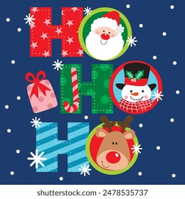 Ho ho ho with Cute Santa Claus,Reindeer and Snowman For Christmas Card or Bag design