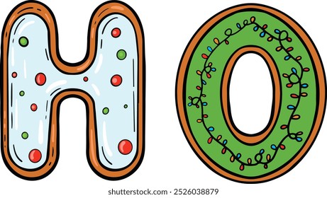 HO HO HO, diciembre, Vector creativo. Estilo de dibujos animados. Galletas de jengibre en forma de letras. Felices Navidades y Feliz Año Nuevo