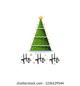 Ho ho ho. Festive banner Christmas tree on a white background with 3d stars