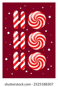 Ho Ho Ho funny colorful Christmas vector illustration with cute lollipops. Round red and white Xmas candy, traditional swirl dessert. Hohoho Santa Claus fun phrase