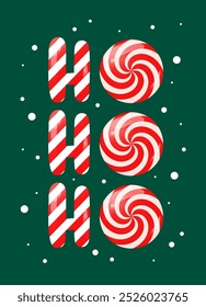 Ho Ho Ho funny colorful Christmas vector illustration with cute lollipops. Round red and white Xmas candy, traditional swirl dessert. Santa Claus fun phrase.