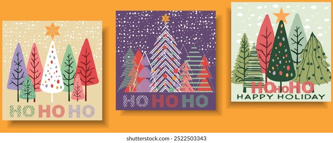HO HO HO greeting card, posters, template, Layout set, Happy Holiday Merry Christmas and Happy New Year typography invite Christmas tree greeting simple drawing flat design