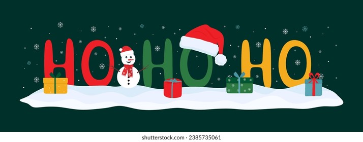 Ho Ho Ho - Holiday quote with snow, snowflakes, snowman, santa claus hat, gift boxes. Merry Christmas and happy new year. Lettering for decoration, greeting card, typography. Flat vector illustration