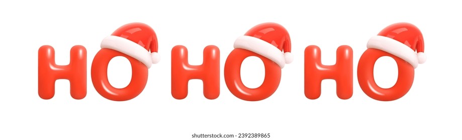 Ho Ho Ho! Holiday quotes. Santa Claus phrase for Christmas. Glossy red 3D text with Santa Claus hat on white background. Winter holiday season greetings. Cartoon style. 3d vector illustration