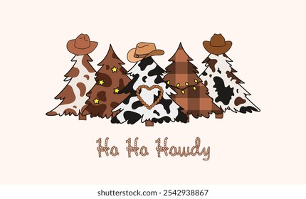 Ho Ho Howdy. Funny Cowboy style Christmas tree. Plaid cow texture. Vector