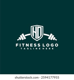 HO initial monogram for fitnes or gym logo with creative shield and barbell design