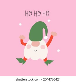 Ho ho ho. Jumping gnome vector illustration on pink background. Best for greeting card, t shirt, print, stickers, posters design.  