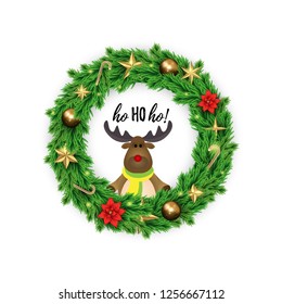 Ho Ho Ho lettering. Cartoon Reindeer with Christmas Wreath of Pine branches decorated with Gold Stars, Poinsettia and candies. Childish Card for Xmas and Happy New Year holidays. Vector illustration