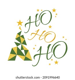 Ho ho ho. Lettering phrase in golden style on white background. Design element for poster, greeting card. Vector illustration.