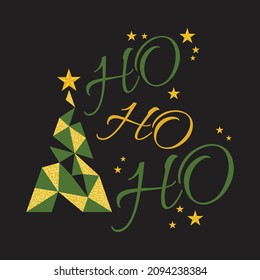 Ho ho ho. Lettering phrase in golden style on black background. Design element for poster, greeting card. Vector illustration