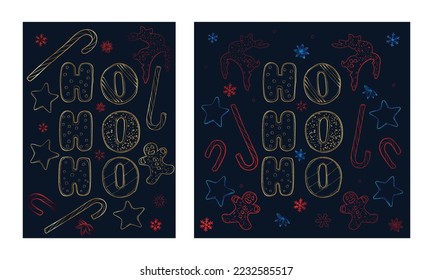 Ho! Ho! Ho! line art design with gingerbread man, candy cane, cinnamon star. Outline Christmas letters, reindeer, candy canes, stars and snowflakes in square and A4 format designs. 