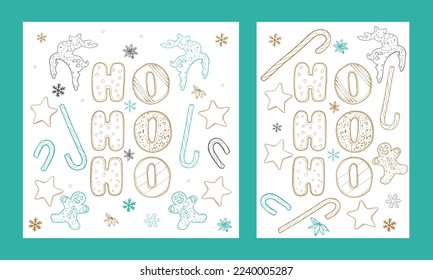 Ho! Ho! Ho! line art design with gingerbread man, candy cane, cinnamon star. Outline Christmas letters, reindeer, candy canes, stars and snowflakes in square and A4 format designs. 