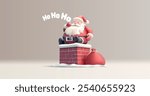 Ho Ho Ho, Merry Christmas. 3D Santa character sitting on the chimney with a bag of gifts. For the concepts of celebrating Christmas and winter holidays. Vector illustration.