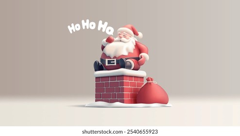 Ho Ho Ho, Merry Christmas. 3D Santa character sitting on the chimney with a bag of gifts. For the concepts of celebrating Christmas and winter holidays. Vector illustration.