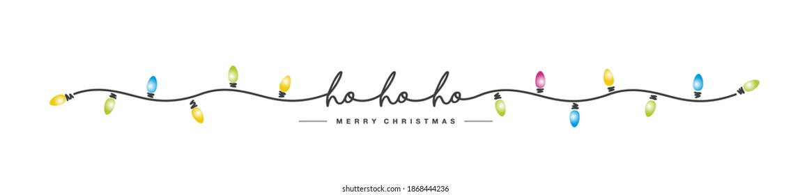 Ho ho ho Merry Christmas black handwritten lettering tipography line design pattern colorful Christmas lights white isolated background banner vector