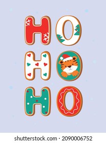 Ho ho ho and merry christmas card or banner with colorful typography design. Vector illustration of gingerbread christmas and cute tiger.