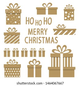 Ho Ho Ho Merry Christmas! Holidays pattern. Gold gifts on white background. Vector illustration.