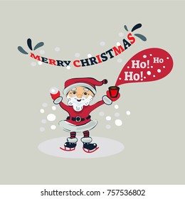 Ho Ho Ho Merry Christmas Santa Claus in the skating rink, vector