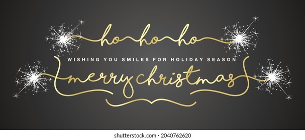 Ho ho ho Merry Christmas sparkle firework handwritten line design typography shining gold vintage frame white black vector