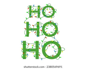 Ho ho ho, Merry Christmas. Text braided with Christmas glowing garland. Holiday lights are red, blue, yellow and green. Christmas holiday design for print banners and posters. Vector illustration